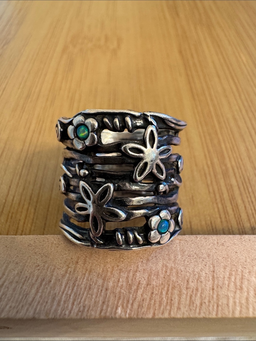 Shablool Silver Jewelry Design Layered Floral Ring with Opal Accents